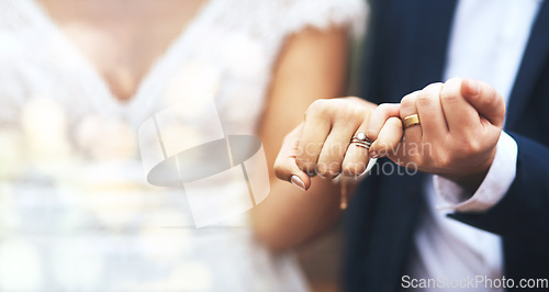 Image of Hands, groom and bride with wedding rings in pinky promise for commitment, swear or vow on mockup. Hand of married couple in love, partnership or trust for marriage bond, loyalty or agreement