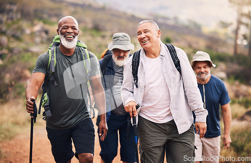 Image of Hiking, smile and group of old men on mountain for fitness, trekking and backpacking adventure. Explorer, discovery and expedition with senior friends walking for health, retirement and journey