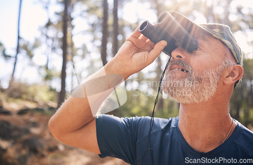 Image of Binoculars, senior man and hiking in nature looking at view, sightseeing or watching. Binocular face, adventure search and elderly male with field glasses, trekking or exploring on vacation outdoors.