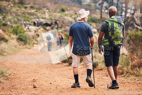 Image of Hiking, fitness and people walking on mountain for adventure, freedom and wellness in outdoor forest. Travel, retirement health and senior hikers for exercise, trekking and cardio workout in nature