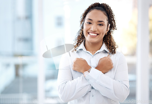 Image of Deaf, portrait and black woman in office with hug, hand and gesture on blurred mockup background. Face, cochlear implant and disability by girl employee with sign language, symbol or communication