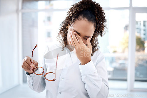 Image of Exhausted, glasses and headache with black woman and eye strain for tired, fatigue and blurry vision. Medical, healthcare and pain with girl and spasm pressure for anxiety, stress and prescription