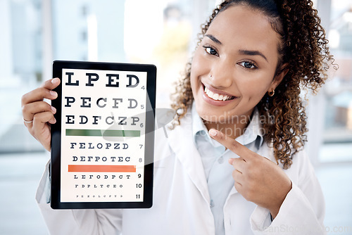 Image of Optometry chart, tablet and portrait of doctor in hospital for vision examination in clinic. Healthcare pointing, snellen touchscreen and optometrist or black woman with tech with text for eyes test.