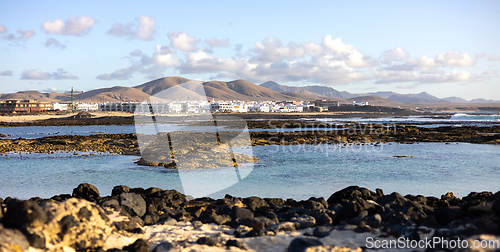 Image of Panoramic view of El Cotillo city in Fuerteventura, Canary Islands, Spain. Scenic colorful traditional villages of Fuerteventura, El Cotillo in northen part of island. Canary islands of Spain