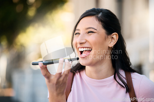 Image of Phone, happy and woman recording note in a city, smile and excited for speaker conversation on building background. Smartphone, girl and voice to text while laughing, talking and social network app