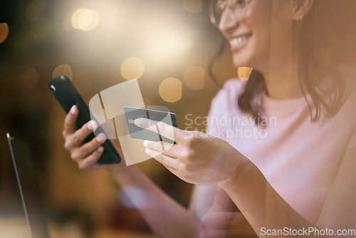 Image of Credit card, online shopping and woman with mockup for advertising, ecommerce and bokeh background. Payment, fintech and girl happy with savings, budget and cash or finance transfer on smartphone app