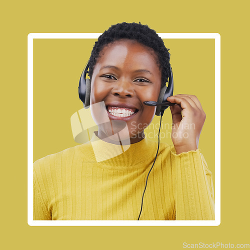 Image of Contact us, black woman and call center portrait in studio for advertising, telemarketing or help on yellow background. Customer service, crm and face of girl consultant on frame for online support