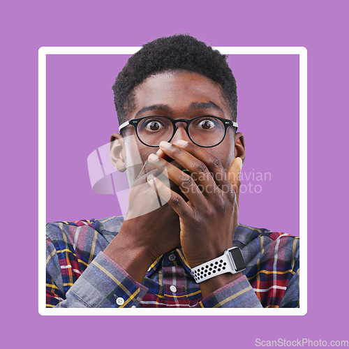 Image of Portrait, black man and hands over mouth for wow, shocked news and purple frame, border and studio background. Omg, surprised face and guy gasp for secret, oops drama and emoji reaction to wtf gossip