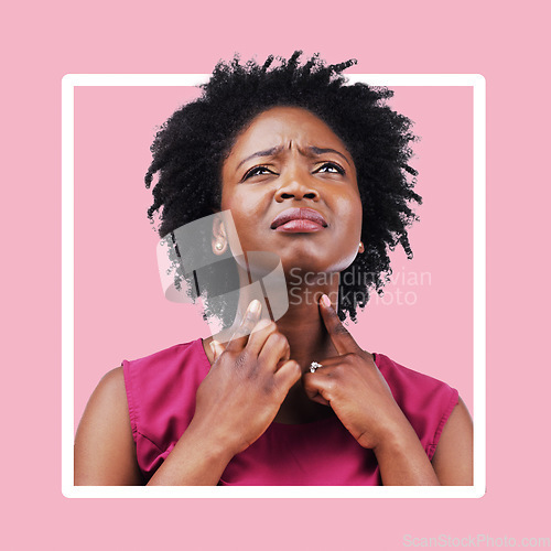 Image of Black woman, throat and sick pain on pink background frame medical health risk in studio. Sore neck, female anatomy or virus of tuberculosis, itchy voice problem or face wellness of allergic reaction