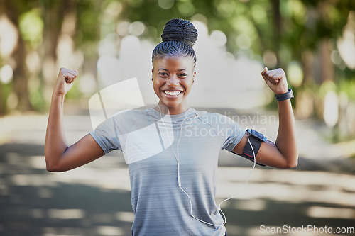 Image of Muscle flex, fitness and portrait of black woman in park show biceps for exercise goal, wellness and training. Sports health, motivation and happy girl for cardio workout, running and strong body