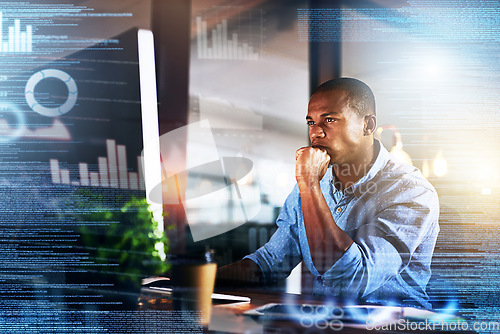 Image of Thinking, futuristic and black man on computer with double exposure for finance, fintech and data analysis. Digital transformation, software overlay and male with financial analytics on 3d screen