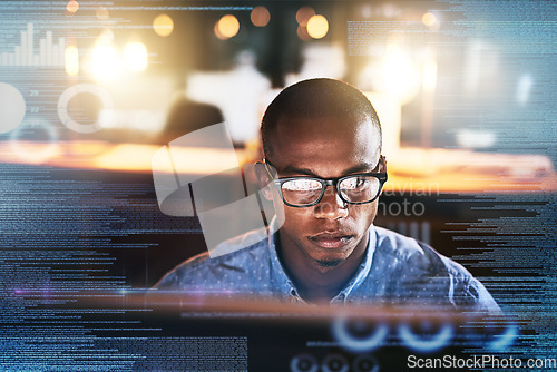 Image of Software overlay, futuristic and black man on computer for online finance, fintech and data analysis. Digital transformation, double exposure and businessman for financial analytics on 3d screen