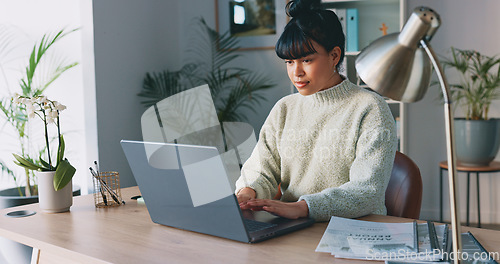 Image of Office, laptop and business woman portrait happy for career in digital marketing, digital copywriting and online web management. Gen z corporate worker for internship opportunity, contact us or faq