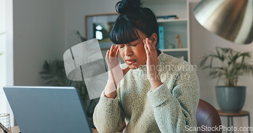 Image of Anxiety, headache and stress by business woman working on a laptop in a corporate office. Mental health, burnout and migraine by female looking exhausted, overwhelmed with workload and deadline