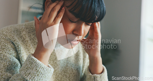 Image of Anxiety, headache and stress by business woman working on a laptop in a corporate office. Mental health, burnout and migraine by female looking exhausted, overwhelmed with workload and deadline