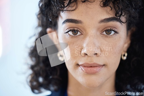 Image of Black woman, headshot portrait and office for vision, focus or motivation for job in finance company. Young gen z worker, face or thinking for career goal, mission or ambition for success at agency