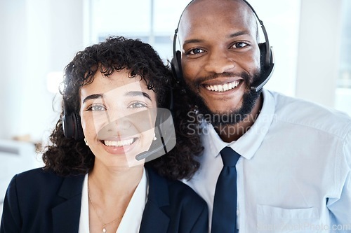 Image of Happy, portrait and customer service consultants in the office working on a crm consultation online. Happiness, smile and interracial telemarketing colleagues taking a picture together in workplace.