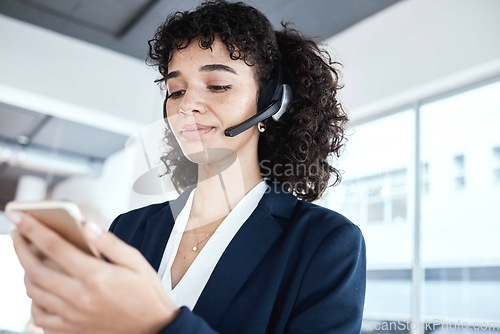 Image of Black woman, phone texting and call center for communication, email or typing on chat app. Girl networking, smartphone or reading on iot ux, planning or social media for start to morning in workplace