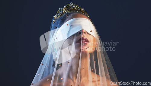 Image of Blindfolded, princess and woman in veil studio for creative, fashion or artistic aesthetic on black background. Model, medieval and crown beauty by girl model in luxury, fabric and elegant clothing