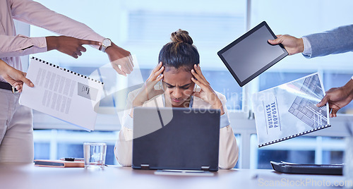 Image of Stress, headache and business woman with group of people for multitasking, workload or chaos in office. Overwhelmed, burnout and corporate employee suffering pressure with team, compliance or report