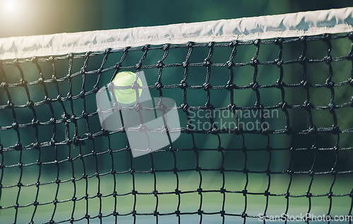 Image of Tennis ball, air and net outdoor with space for mockup, blurred background and sunshine. Summer, sport equipment and mock up for training, fitness or exercise at game, contest or competition at court