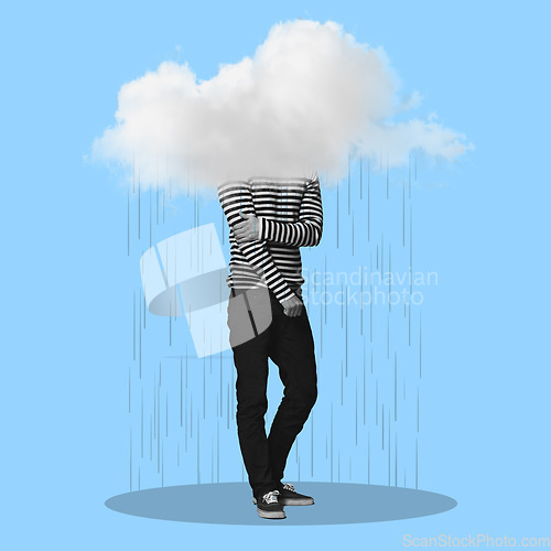 Image of Man, cloud and rain for depression art, mental health or sad by blue background with shadow on silhouette. Young gen z guy, punk aesthetic and depressed with clouds overlay, frustrated and anxiety