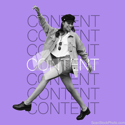 Image of Happy woman, fashion influencer and words of motivation, overlay and pose on inspirational poster on purple background. Energy, free and dancing, female is content with style and beauty with text