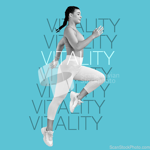 Image of Woman, running and fitness with words and motivation overlay, vitality and runner jump on inspirational poster on blue background. Energy, free and run, body and action with cardio workout and text