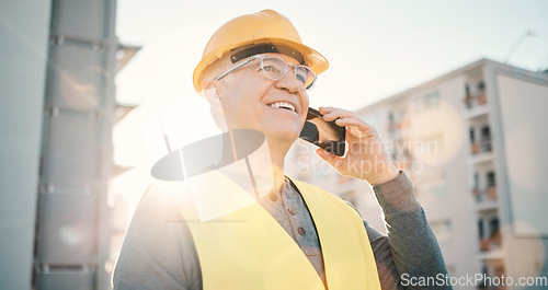 Image of Architecture, construction and old man on a phone call in city for network, industrial and building. Engineering, communication and builder talking, planning and conversation for property development