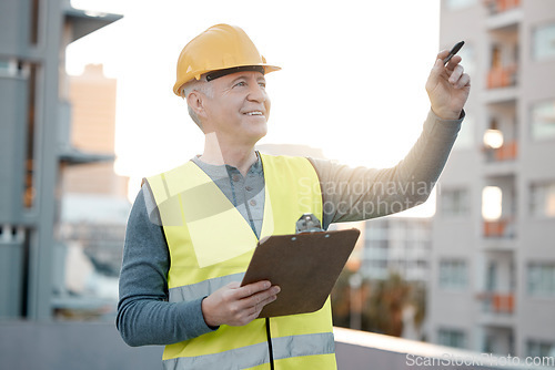 Image of Clipboard, city and man construction worker planning on a building for maintenance, renovation or repairs. Leadership, contractor and senior male industry employee thinking on site with a checklist.