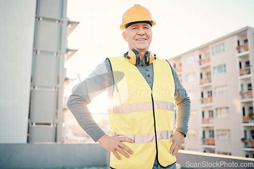 Image of Construction worker, old man in portrait and architecture, renovation with building industry and outdoor. Property development, success and leader in helmet for safety, builder at work site in city