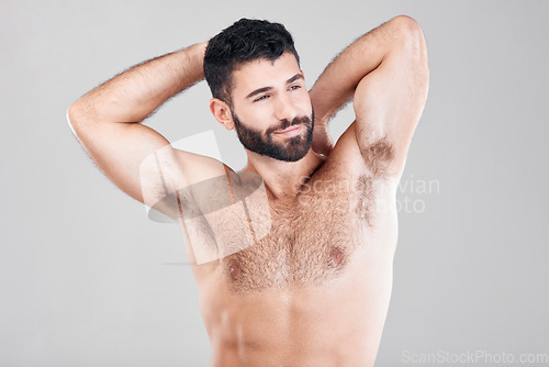 Image of Fitness, muscles and strong man in studio isolated on a gray background for wellness. Sports, exercise thinking and happy male bodybuilder with idea for workout, training or exercising for strength.