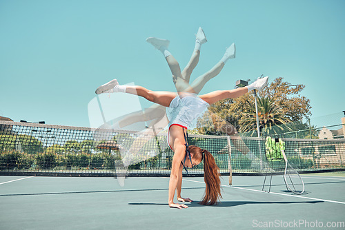 Image of Woman, tennis and handstand for balance, sport or summer sunshine in motion blur sequence, legs and feet in air. Gen z girl, athlete or training for workout, fitness or goals for strong body at court