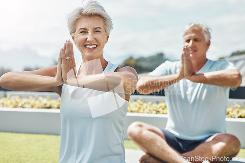 Image of Senior couple, yoga and smile in meditation by the countryside for healthy spiritual wellness in nature. Happy elderly woman and man meditating in happiness for calm peaceful exercise in the outdoors