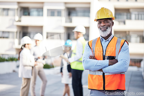 Image of Portrait, black man arms crossed and outdoor on construction site, smile and manager with confidence. Face, male employee and happy leader with happiness, corporate and new building with renovations