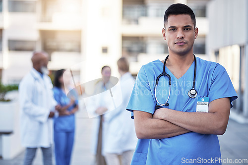 Image of Proud, portrait and doctor, nurse or medical professional with hospital vision, mission and career integrity. Young healthcare worker, employee or person leadership in clinic or health services focus