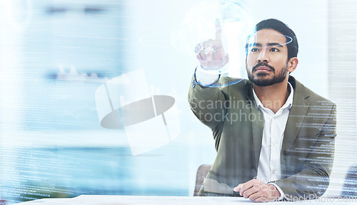 Image of 3d, overlay and businessman with a world hologram in the office for global data or statistics analysis. Metaverse, interface and professional male employee with virtual reality database in workplace.