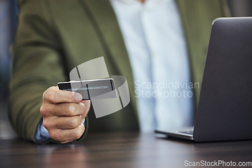 Image of Online shopping, credit card and hands of businessman with laptop for ecommerce, payment and fintech. Digital finance, stock market and male with computer for business budget, investment and banking