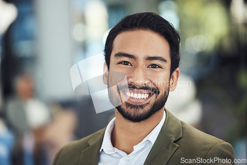 Image of Business man, face and smile in portrait with success, professional mission and mindset outdoor in city. Mockup space, headshot and happy with career, job achievement and goals, leadership in India