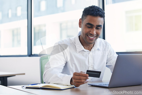 Image of Internet payment, credit card and business man doing corporate banking budget work. Office, savings information and loan of a insurance agent employee working with company finance information