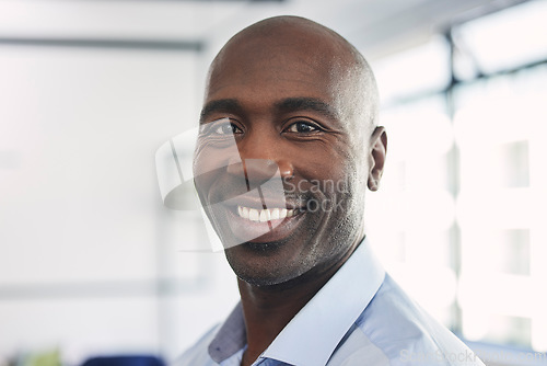 Image of Business, leadership and portrait of happy black man, confident startup ceo and company manager. Vision, future and proud businessman, leaderin growth and development of corporate Africa with smile