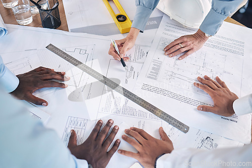 Image of Ruler, top view and hands with blueprint, team and planning for new project, brainstorming and deadline. Closeup, zoom and architecture for building, equipment and staff with teamwork and share idea