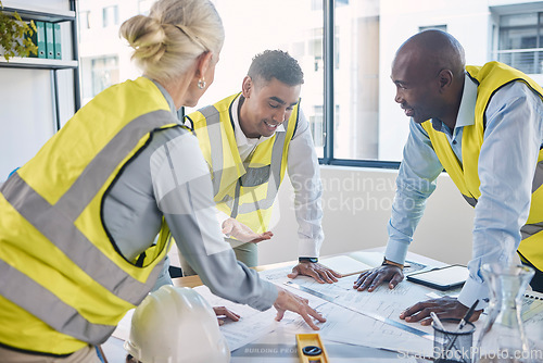 Image of Architect, building and construction team in planning strategy, blueprints or meeting for project layout at office. Group of diverse engineers or contractors discussing floor plan or architecture