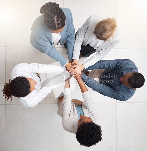 Image of Hands stack, business people and team building of company mission, startup collaboration and group goals. Employee engagement, together hand sign and diversity circle in solidarity and teamwork above