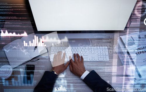 Image of Hands, keyboard and typing on screen, mockup and fintech and digital transformation, code and futuristic overlay. Analytics, graph and work night with IT, tech support and business man with computer