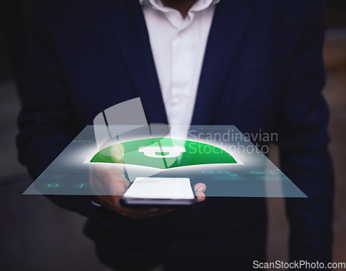 Image of Hologram, screen and smartphone with data protection, cybersecurity or futuristic application. Holograph, man or hand with cellphone, gdpr or insurance with firewall, wireless device or safety design