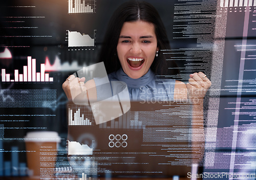 Image of Excited, stock market and finance with woman and laptop with overlay for growth, trading and cryptocurrency news. Data, success and winner with employee and digital chart for trading and investment