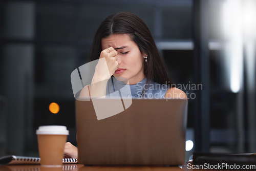 Image of Stress, woman and night business on laptop in office with headache, doubt and depression. Tired worker, burnout and working late with mistake, anxiety and fatigue of crisis, pain and mental health