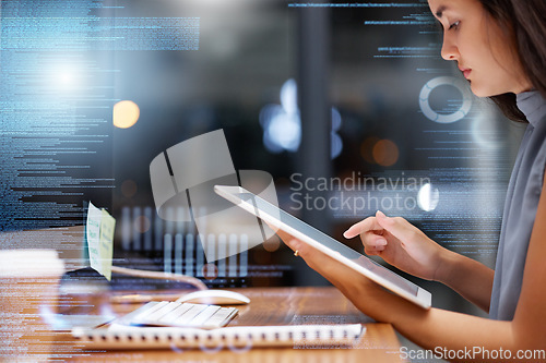 Image of Digital tablet overlay, cybersecurity data and woman programmer with crypto data for fintech. Online code, ux research and information technology graphic of a employee coding with web analytics