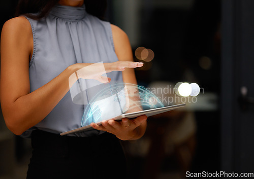 Image of World tablet overlay, woman hand and global hologram for international cyber research at night. Mockup, 3d cybersecurity information and data analytics for online coding transformation with high tech